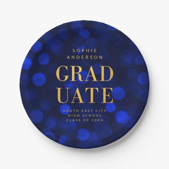 Assiettes En Carton Sapphire Blue Bokeh Lights Faux Gold Graduate (Devant)