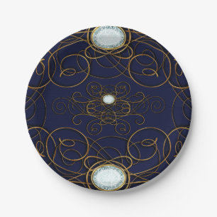 Assiettes En Carton Sapphire Blue & Gold Diamond Anniversaire Party