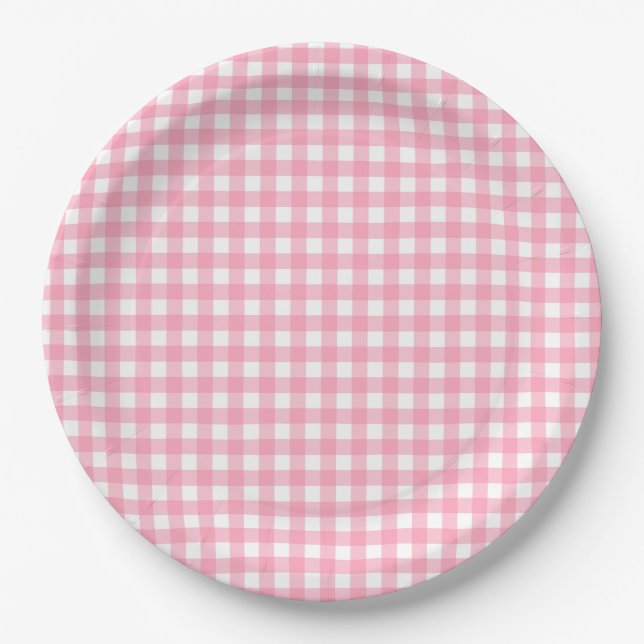 Assiettes En Carton Saumon rose En vichy plaid (Devant)