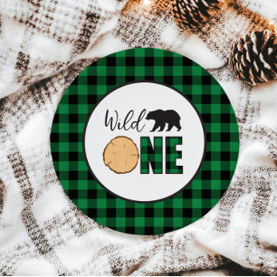 Assiettes En Carton Sauvage Ourson carreaux de buffle verts Premier An