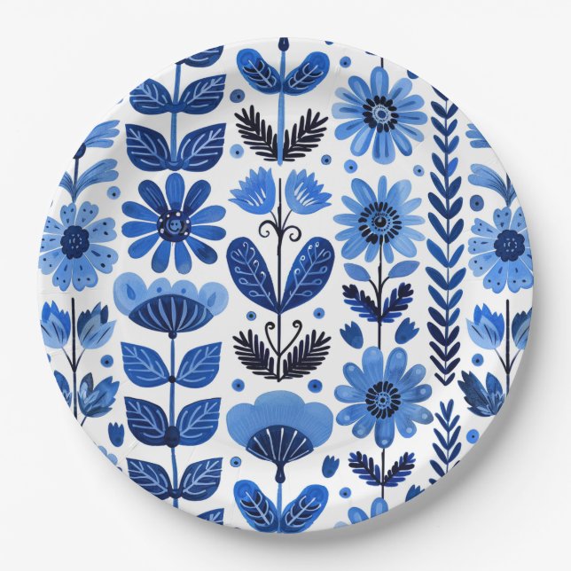 Assiettes En Carton Scandi bleu floral (Devant)