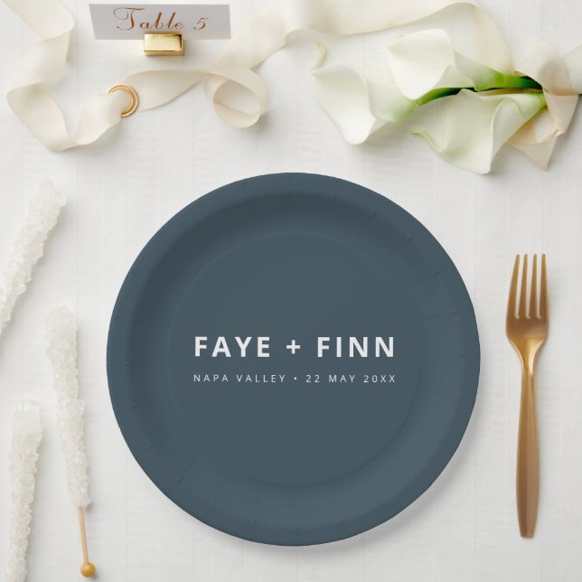Assiettes En Carton Scandinave Fumée Bleu Minimaliste Dîner Mariage (Mariage)