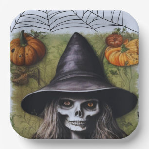Assiettes En Carton Scary Skeleton Witch pour une fête d'Halloween Dép