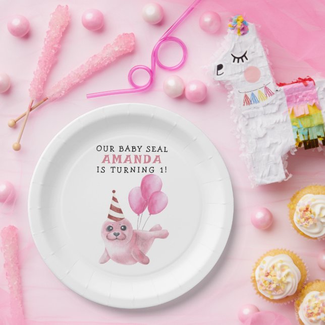 Assiettes En Carton Sceau rose 1er anniversaire sous la mer (Fête)