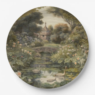 Assiettes En Carton Scène botanique de cygnes dans un jardin anglais
