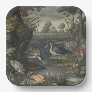 Assiettes En Carton Scène botanique de grue bleue près d'une rivière
