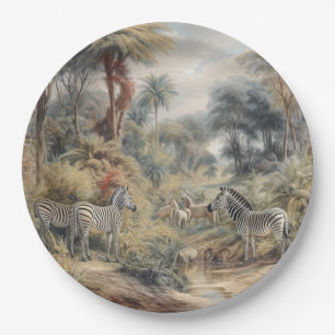 Assiettes En Carton Scène botanique de zèbres et lions dans une oasis