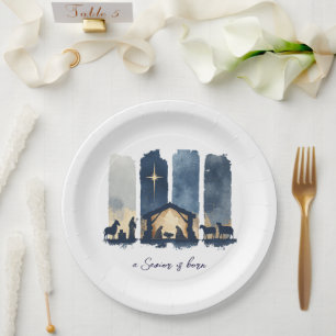 Assiettes En Carton Scène de la Nativité à l'aquarelle Un Sauveur est