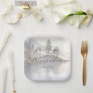 Assiettes En Carton Scène de lac tranquille et pâle à l'aquarelle