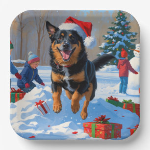 Assiettes En Carton Scène de neige festive de Noël avec Malinois Belge
