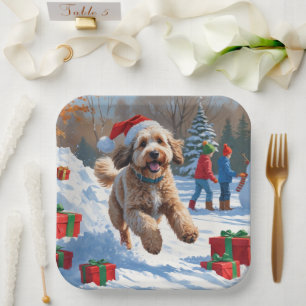 Assiettes En Carton Scène de Noël enneigée avec un Bernedoodle festif
