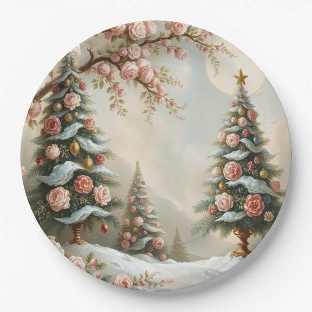 Assiettes En Carton Scène enneigée avec sapins de Noël et roses roses (Devant)