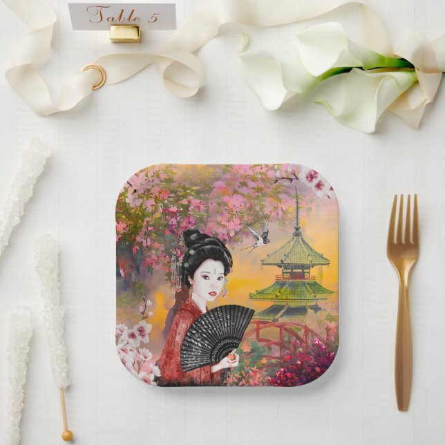 Assiettes En Carton Scène Japonaise Avec Une Femme (Mariage)