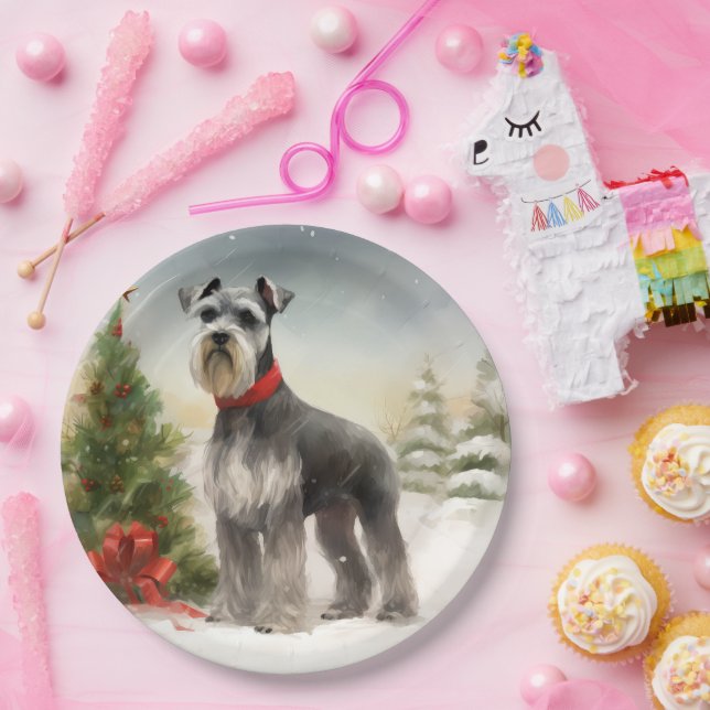 Assiettes En Carton Schnauzer Chien à Noël de neige (Fête)