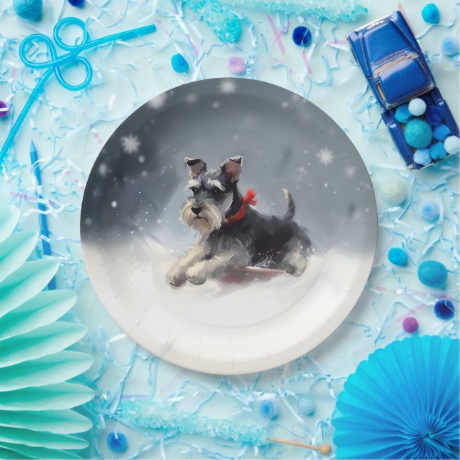 Assiettes En Carton Schnauzer miniature neige de Noël hiver (Fête)