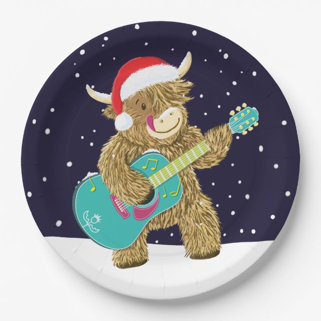 Assiettes En Carton Scottish Highland Cows Joue Une Guitare De Noël (Devant)