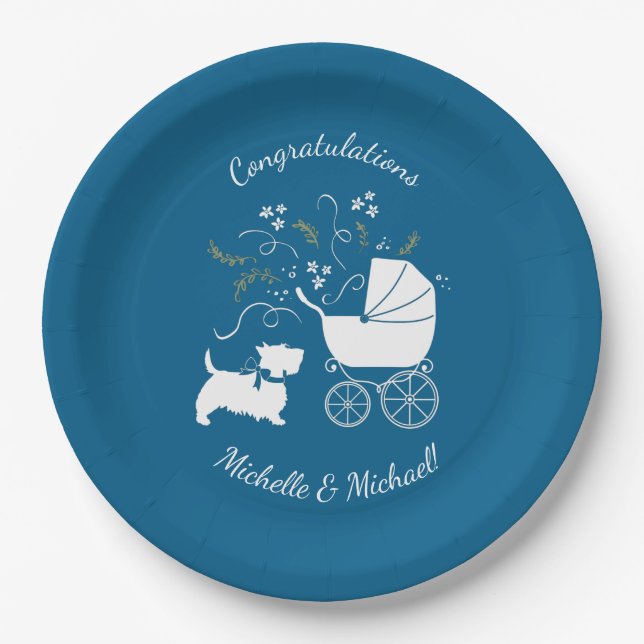 Assiettes En Carton Scotty Chien Baby shower Scottish Terrier Blue (Devant)