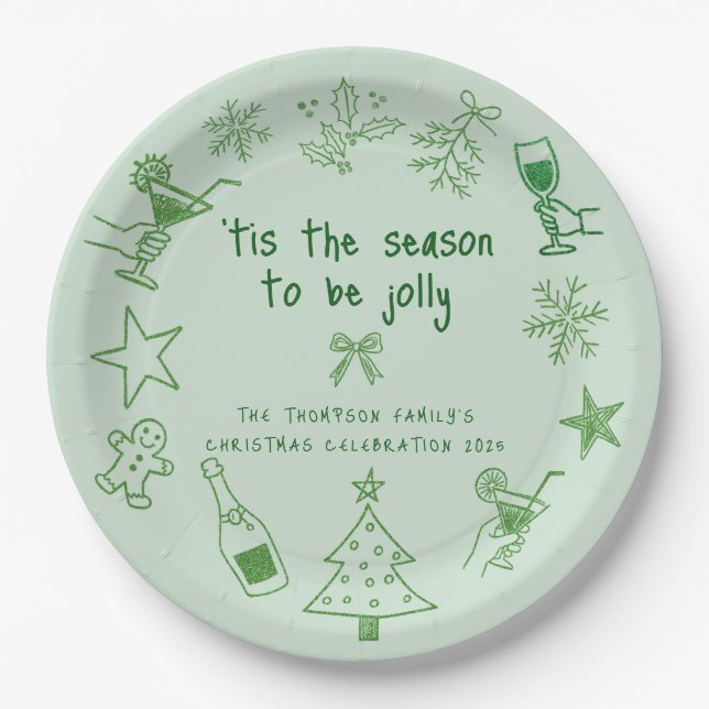 Assiettes En Carton Scribble Doodles Glitter Green Christmas Party (Devant)