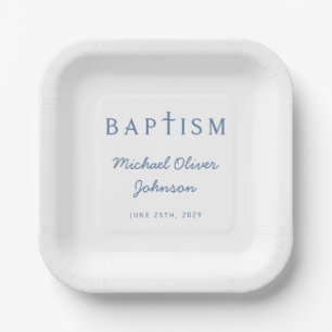 Assiettes En Carton Script bleu moderne Croix religieuse garçon Baptêm