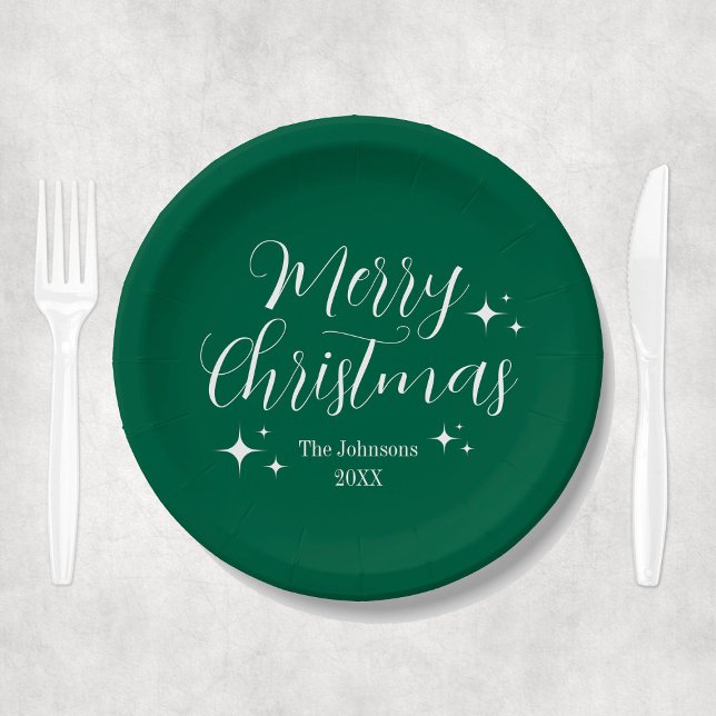 Assiettes En Carton Script Elegant Green Custom Joyeuse fête de Noël (Elegant Green Merry Christmas Party Paper Plates
)