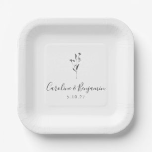 Assiettes En Carton Script floral simple Mariage Boho blanc personnali