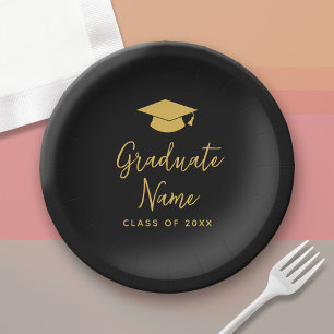 Assiettes En Carton Script Grad Name avec Casquette - Graduation Black