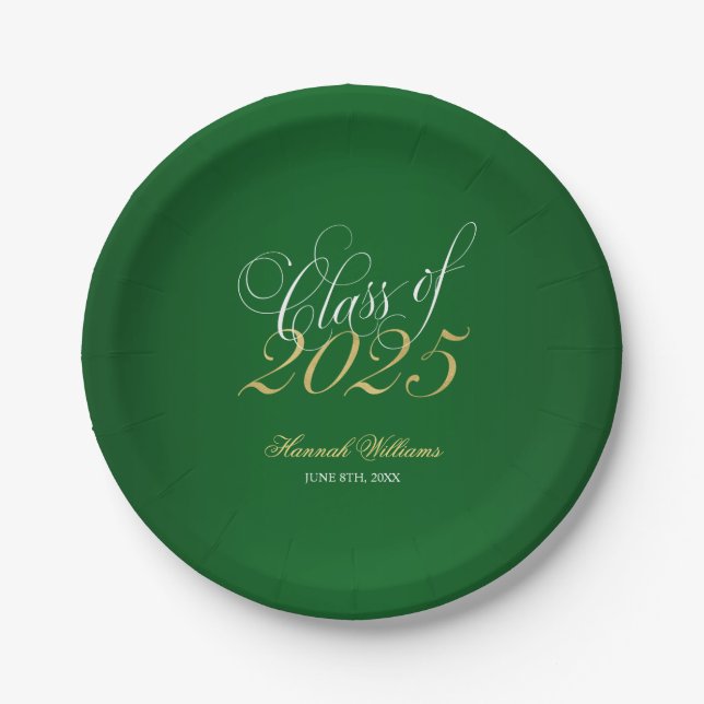 Assiettes En Carton Script Green Faux Gold 2025 Graduation Party (Devant)