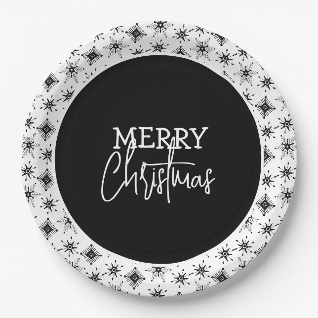 Assiettes En Carton Script Joyeux Noël Flocons de neige noirs    (Devant)