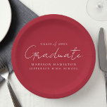 Assiettes En Carton Script manuscrit moderne Graduation rouge<br><div class="desc">Élevez votre décor de fête de remise de diplômes avec nos assiettes de finition élégantes! Dotés d'un chic script blanc manuscrit et d'un arrière - plan rouge, ces plaques de papier ajoutent une touche de sophistication à votre célébration. Personnalisez-les avec le nom du diplômé, l'année de diplôme et le nom...</div>
