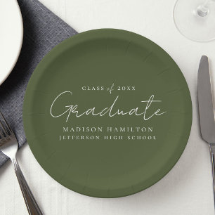 Assiettes En Carton Script manuscrit moderne Olive Green Graduation