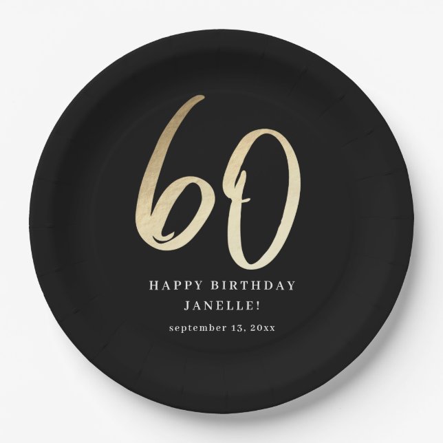 Assiettes En Carton Script moderne 60e anniversaire Noir & Or (Devant)