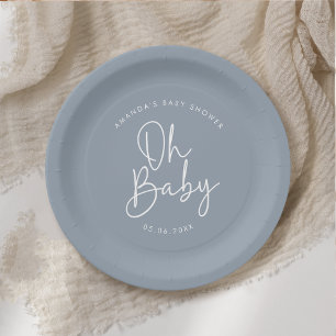Assiettes En Carton Script moderne Bleu Oh Baby Baby shower simple