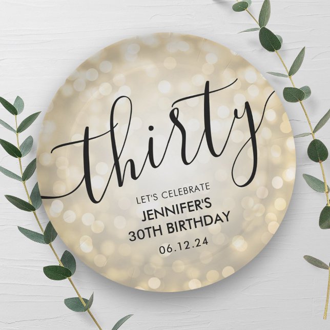 Assiettes En Carton Script moderne Gold Parties scintillant Lumières 3 (Modern Script Gold Glitter Lights 30th Birthday Paper Plates)