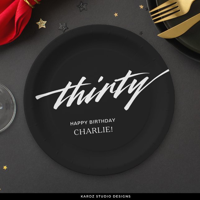 Assiettes En Carton Script moderne noir blanc 30e anniversaire (Créateur téléchargé)