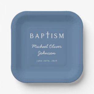 Assiettes En Carton Script moderne Religieux Croix Bleu Garçon Baptême