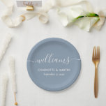 Assiettes En Carton Script moderne simple et élégant Mariage bleu pous<br><div class="desc">Plaques de papier bleu mariage personnalisées et poussiéreuses avec une police de script moderne. Personnalisez facilement en ligne avec vos détails mariages. Articles assortis disponibles pour compléter ces assiettes en papier bleu mariage minimaliste mais élégant et poussiéreux.</div>