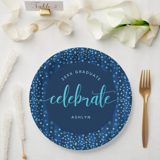 Assiettes En Carton Script moderne turquoise & points de parties scint (Mariage)