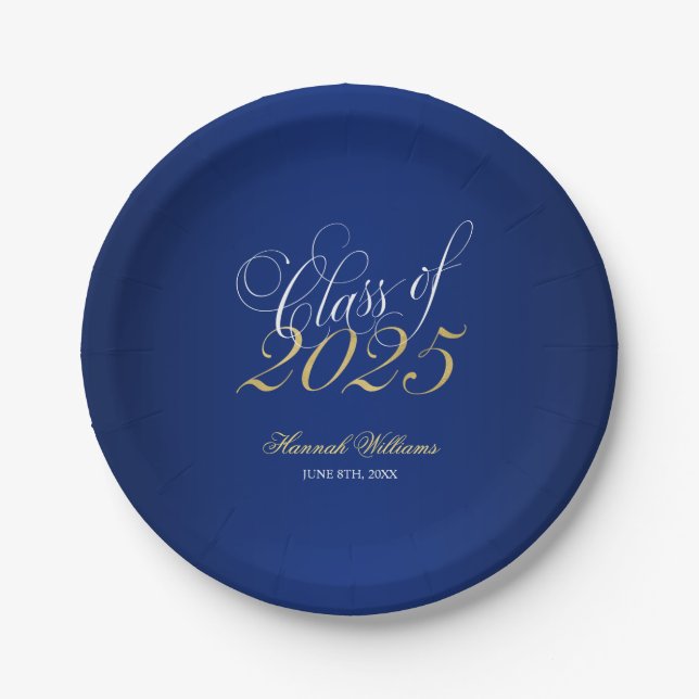 Assiettes En Carton Script Navy Blue Faux Gold 2025 Graduation Party (Devant)