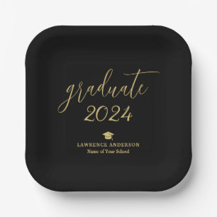 Assiettes En Carton Script noir et or 2024 Graduate Graduation