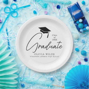 Assiettes En Carton Script personnalisable Graduation noir & blanc