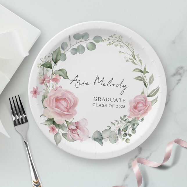 Assiettes En Carton Script Roses Roses Modernes Classe de Diplômé (Créateur téléchargé)