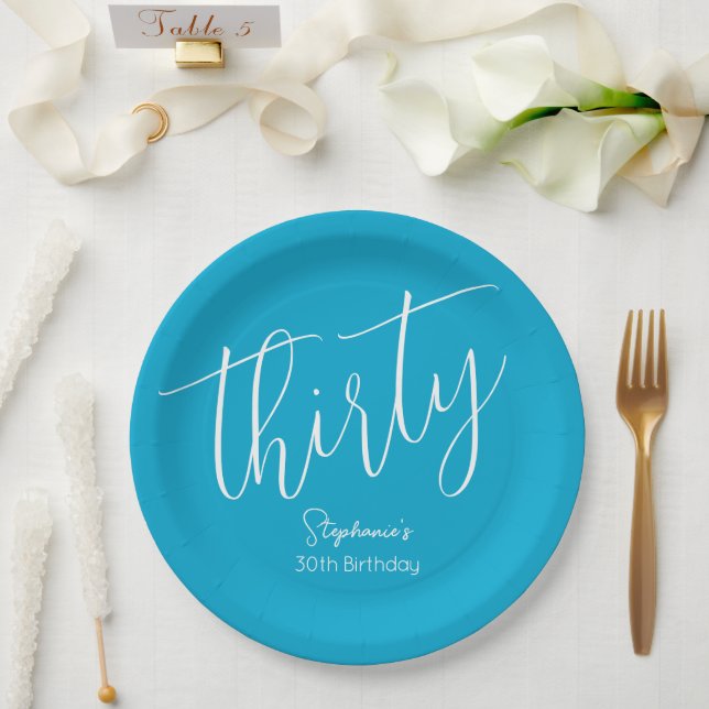 Assiettes En Carton Script simple moderne Aqua Blue 30th Birthday Part (Mariage)