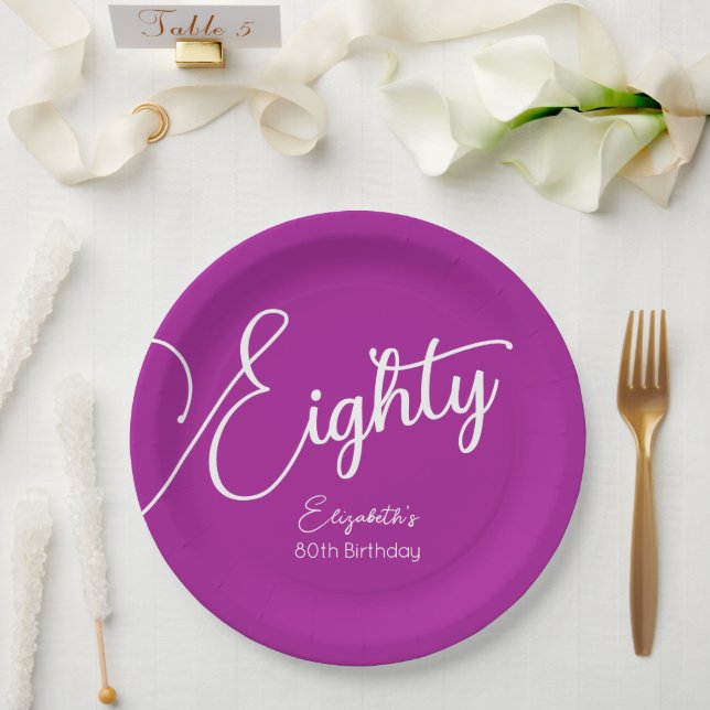 Assiettes En Carton Script simple moderne rose foncé 80e anniversaire (Mariage)