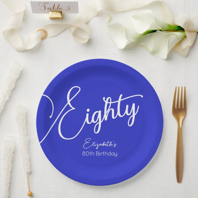 Assiettes En Carton Script simple moderne Royal Blue 80th Birthday (Mariage)