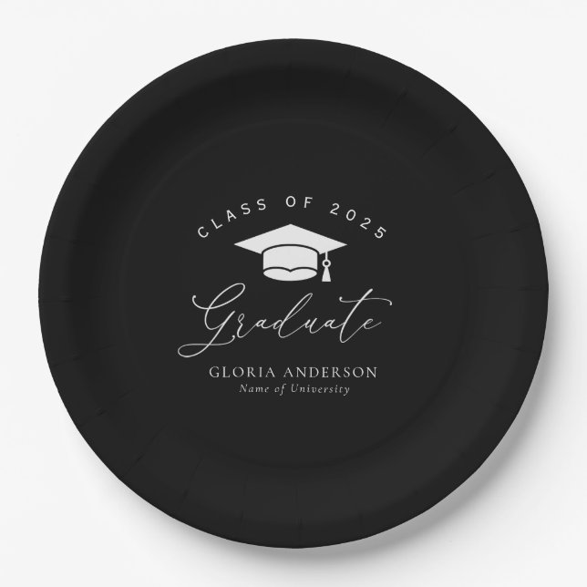 Assiettes En Carton script tendance graduation noire (Devant)