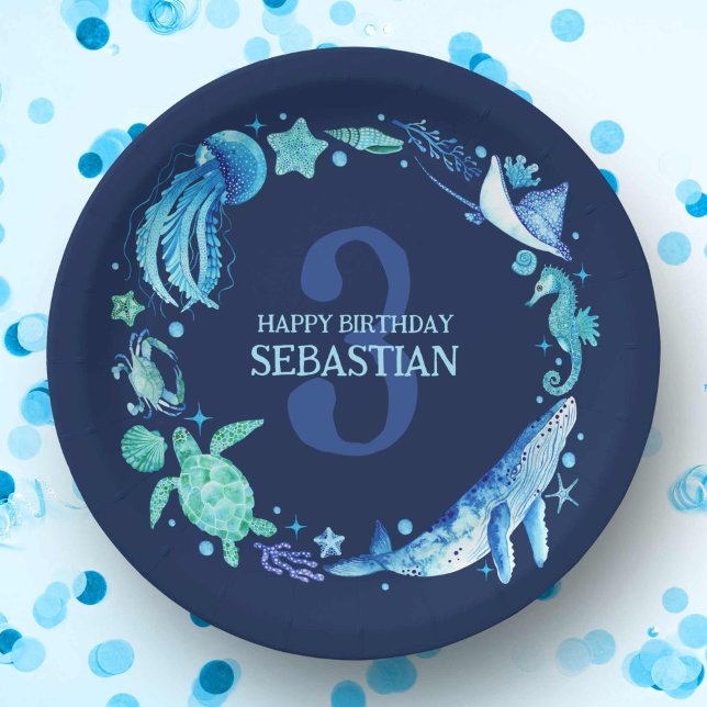 Assiettes En Carton Sea Life Party Ocean Animaux Marine Blue Watercolo (Sea Life Party Ocean Animals Navy Blue Watercolor Paper Plates)