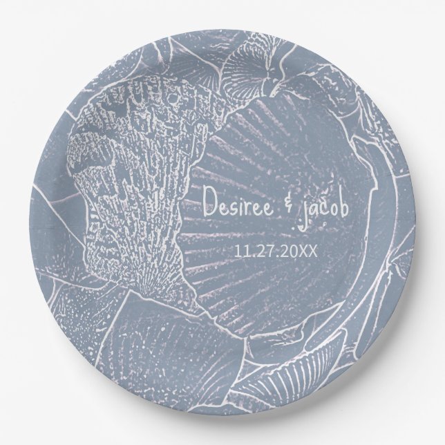 Assiettes En Carton Sea Shell Dusty Blue Coastal Beach (Devant)