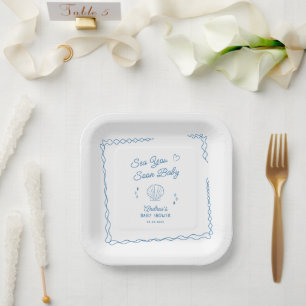 Assiettes En Carton Sea You Bientôt Main Tirée Ocean Seashell Baby sho