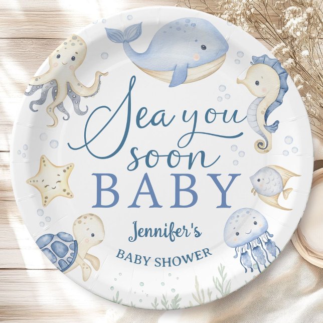 Assiettes En Carton Sea You Soon Baby Shower Boy Blue Ocean (Créateur téléchargé)