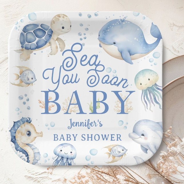 Assiettes En Carton Sea You Soon Baby Shower Boy Blue Ocean (Créateur téléchargé)
